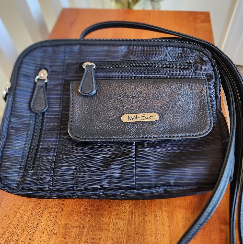 Multi Sac Blue And Black Stripe Nylon Organizer Bag, Excellent Condition